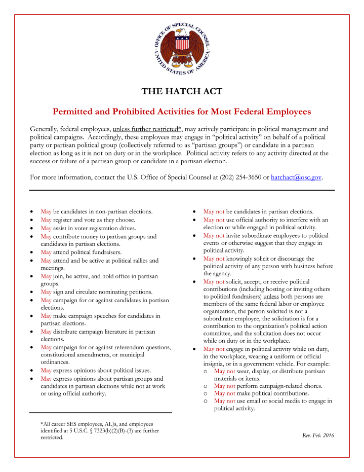 Hatch Amendment Amend the Hatch Act and Restore Federal Workers’ First Amendment Rights ...